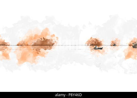 Abstract Fishing boat in sea on watercolor painting background. Stock Photo