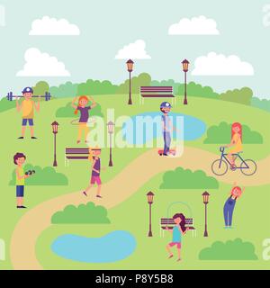 people park and city benches many girls boys doing exercise lakes vector illustration Stock Vector