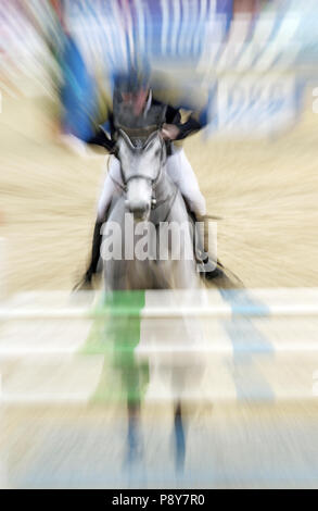 Neustadt (Dosse), dynamics, horse and rider jumping show jumping over an oxer Stock Photo