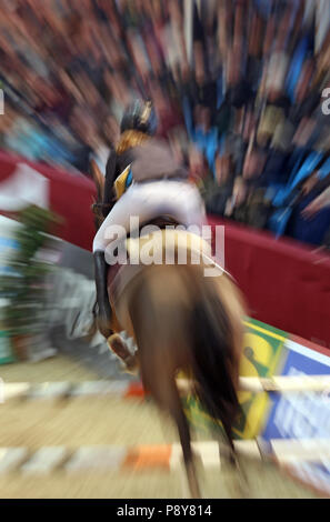 Neustadt (Dosse), dynamics, horse and rider jumping show jumping over a steep jump Stock Photo