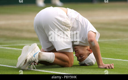 Jack Draper celebrates his win against Nicolas Mejia after their match that finished 7-6 (7/5) 6-7 (6/8) 19-17 after four hours and 24 minutes on day eleven of the Wimbledon Championships at the All England Lawn tennis and Croquet Club, Wimbledon. Stock Photo