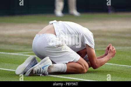 Jack Draper celebrates his win against Nicolas Mejia after their match that finished 7-6 (7/5) 6-7 (6/8) 19-17 after four hours and 24 minutes on day eleven of the Wimbledon Championships at the All England Lawn Tennis and Croquet Club, Wimbledon. Stock Photo