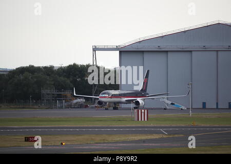 Donald Trump's private jet, a Boeing 757 nicknamed Trump Force One, at Prestwick airport in Ayrshire ahead of the arrival of the US President on Air Force One. Stock Photo