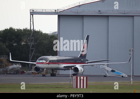 Donald Trump's private jet, a Boeing 757 nicknamed Trump Force One, at Prestwick airport in Ayrshire ahead of the arrival of the US President on Air Force One. Stock Photo