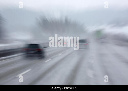 Hermsdorf, Germany, dynamics, poor visibility on the A9 motorway in snowfall Stock Photo