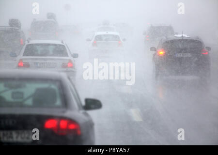 Hermsdorf, Germany, poor visibility on the A9 motorway in snowfall Stock Photo