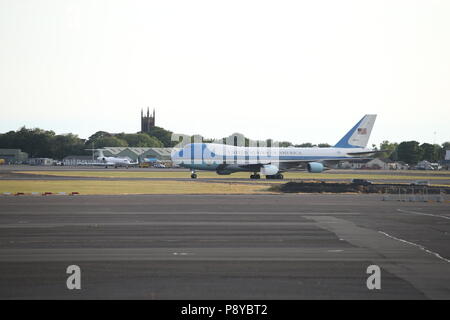 US President Donald Trump and his wife, Melania, arrive on Air Force One at Prestwick airport in Ayrshire, en route for Turnberry, where they are expected to stay over the weekend. Stock Photo