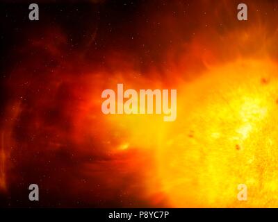 Illustration of a coronal mass ejection (CME) emanating from the Sun. These events are powerful releases of solar charged particles (plasma) and magnetic field, travelling on the solar wind. When a CME hits Earth, it can cause a geomagnetic storm which disrupts the planetâ€™s magnetosphere, our radio transmissions and electrical power lines. They can damage artificial satellites and cause long-lasting power outages. Humans in orbit are also very vulnerable to these events, whose high-energy particles are not shield by typical spacecraft. Stock Photo