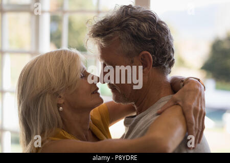 Romantic senior couple dancing together at home Stock Photo