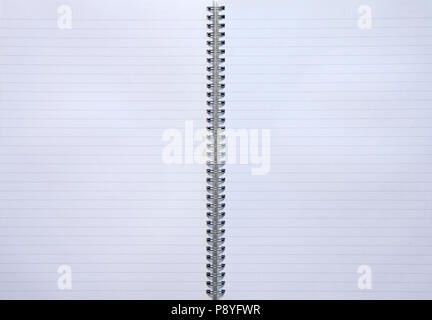 Open two pages white lined notebook with metallic spiral. Copy space with blank opened page organizer isolated on white Stock Photo