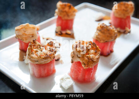 Watermelon Shrimp on White Plate Stock Photo