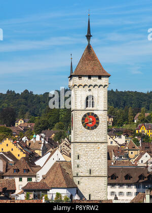 View of the Swiss city of Schaffhausen at the end of summer, tower of the St. Johann Church in the foreground. Schaffhausen is a city in northern Swit Stock Photo