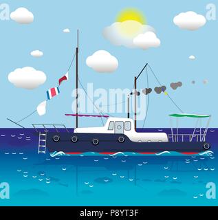 ship going by the sea on a sunny day Stock Vector