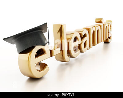 Graduation cap on letter e of e-learning word. 3D illustration. Stock Photo