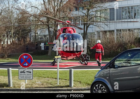 Berlin, Germany, Rescue helicopter of the DRF Luftrettung on the landing site of Vivantes Klinikum Neukoelln Stock Photo