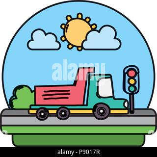 color truck and street with traffic lights in the landscape vector illustration Stock Vector