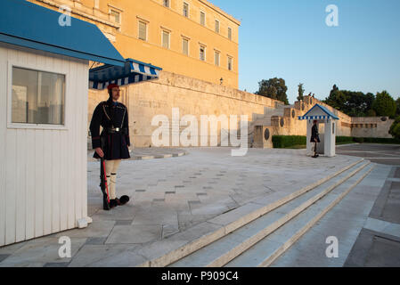 Athens, Greece - May 2, 2018. Evzoni Guard, Guardian in front of the Greek parliament building, Athens, Greece Stock Photo