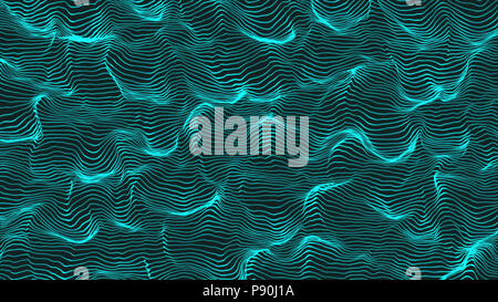 Blue and green waves on moving curved surface. Abstract waveform background that morphs and deform. Sound, movement and waves concept illustration