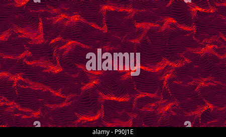 Red and dark red waves on moving curved surface. Abstract waveform background that morphs and deform. Sound, movement and waves concept illustration