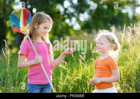 Two little sisters catching butterflies and bugs with their scoop-nets.  Children exploring nature on sunny summer day. Family leisure with kids at  sum Stock Photo - Alamy