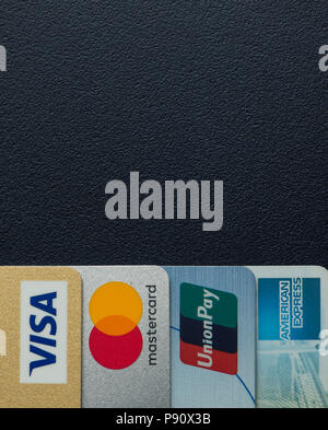 Credit cards close up, Visa, Master card, Union Pay and American Express. Stock Photo