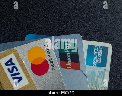 Credit cards close up, Visa, Master card, Union Pay and American Express. Stock Photo