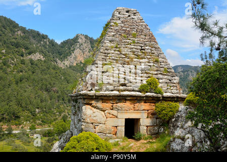 Ancient monumental tomb dating from Hellenistic period, over 2000 years old, in Turgut village near Marmaris resort town in Turkey. Stock Photo