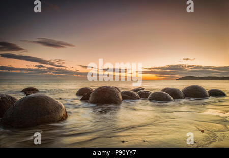 The famous Moeraki Boulders, an icon of New Zealand, in Otago, at sunrise. Stock Photo