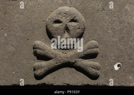 Skull and bones depicted on one of the tombstones at Lazarevskoye Cemetery of the Alexander Nevsky Monastery in Saint Petersburg, Russia. Stock Photo