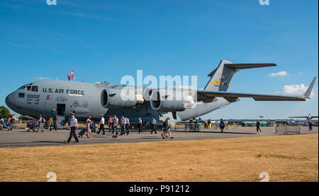 Boeing C-17 Globemaster from the United States Air Force on static display at the RNAS Yeovilton International Air Day, UK on the 7th July 2018. Stock Photo