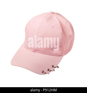 Blank pink baseball cap with rings isolated on white. Stock Photo