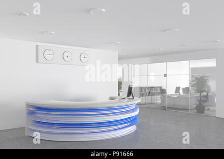 Office lobby with a reception desk and office workplace. 3d render Stock Photo