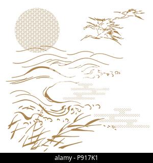 Japanese template vector. Gold crane hand drawn background. Wave pattern. Stock Vector