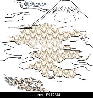Fuji mountain hand drawn vector with Japanese pattern background. Black and gold brush stroke animal and wave elements. Stock Vector