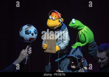 The O2 Arena, UK. 13th July 2018,Kermit the Frog and Scooter talking about the world cup  during a segment At The Muppets Take The O2, Peninsula Square, London. © Jason Richardson / Alamy Live News Stock Photo