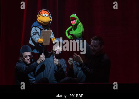 The O2 Arena, UK. 13th July 2018,Kermit and Scooter  At The Muppets Take The O2, Peninsula Square, London. © Jason Richardson / Alamy Live News Stock Photo