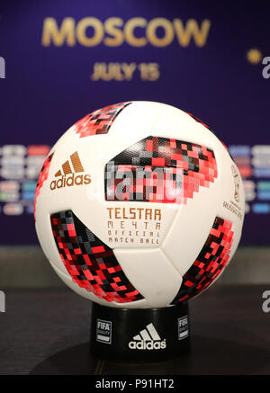 Moscow, Russia. 14th July, 2018. Football World Cup, France press conference ahead of the final between France and Croatia. The official World Cup football, Adidas Telstar, on the table. Credit: dpa picture alliance/Alamy Live News Stock Photo