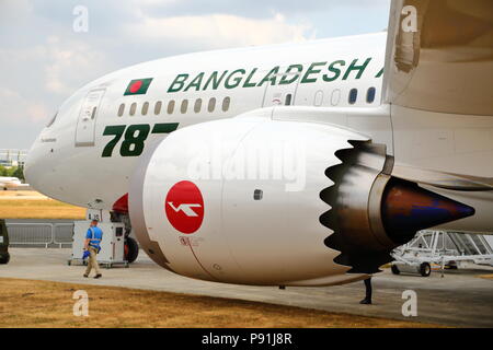 Farnborough, UK, 14 July 2018. Bangladesh Airlines shows their latest Boeing 787 Dreamliner. Credit: Uwe Deffner/Alamy Live News Stock Photo