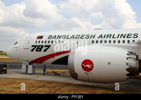 Farnborough, UK, 14 July 2018. Bangladesh Airlines shows their latest Boeing 787 Dreamliner. Credit: Uwe Deffner/Alamy Live News Stock Photo