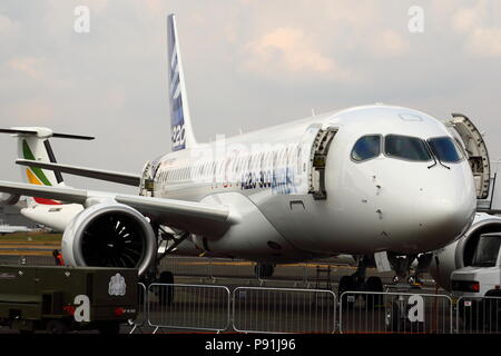 Farnborough, UK, 14 July 2018. The latest arrival of the Airbus family is the Airbus A220-300, formerly Bombardier CS300. Credit: Uwe Deffner/Alamy Live News Stock Photo