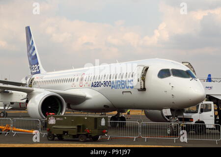 Farnborough, UK, 14 July 2018. The latest arrival of the Airbus family is the Airbus A220-300, formerly Bombardier CS300. Credit: Uwe Deffner/Alamy Live News Stock Photo