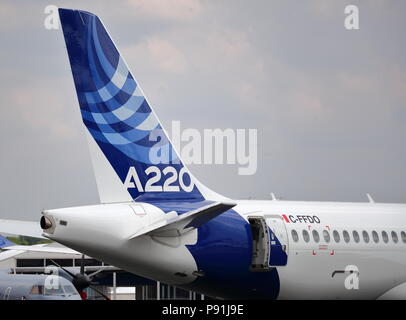 Farnborough, UK, 14 July 2018. The latest arrival of the Airbus family is the Airbus A220-300, formerly Bombardier CS300. Credit: Uwe Deffner/Alamy Live News Stock Photo