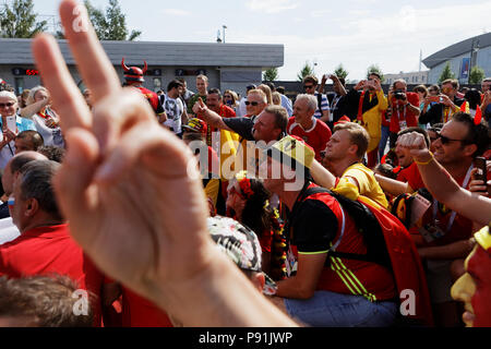 St. Petersburg, Russia, 14th July, 2018. Belgian football fans going to Saint Petersburg stadium before the match for 3rd place of FIFA World Cup Russia 2018 England vs Belgium. Belgium won 2-0 and take 3rd place Credit: StockphotoVideo/Alamy Live News Stock Photo