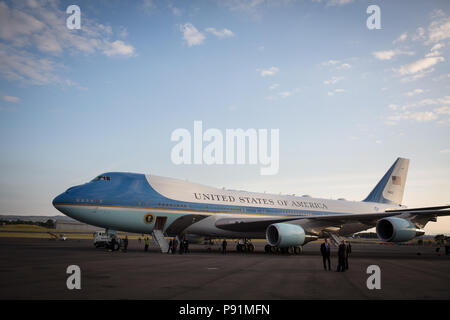 Prestwick, Scotland, on 13 July 2018. President Donald Trump, and wife Melania, arrive on Air Force One at Glasgow Prestwick International Airport at the start of a two day trip to Scotland. Image Credit: Jeremy Sutton-Hibbert/ Alamy News.
