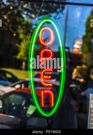 Green and red open sign neon Stock Photo
