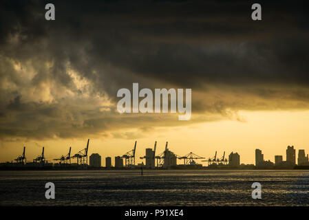 A storm brewing over terminal island and the Port of Miami on Biscayne Bay. Stock Photo