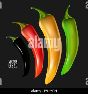 Set black, red, amber, green peppers isolated on black background. EPS10 Stock Vector