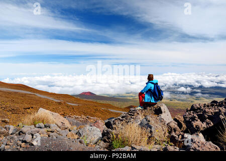 Tourist admiring breathtaking views from the Mauna Kea, a dormant volcano on the island of Hawaii. The peak of Mauna Kea peak is the highest point in  Stock Photo
