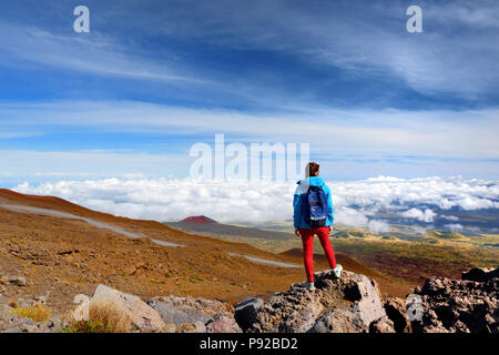 Tourist admiring breathtaking views from the Mauna Kea, a dormant volcano on the island of Hawaii. The peak of Mauna Kea peak is the highest point in  Stock Photo