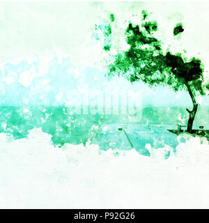 Abstract sea and tree on watercolor painting background Stock Photo